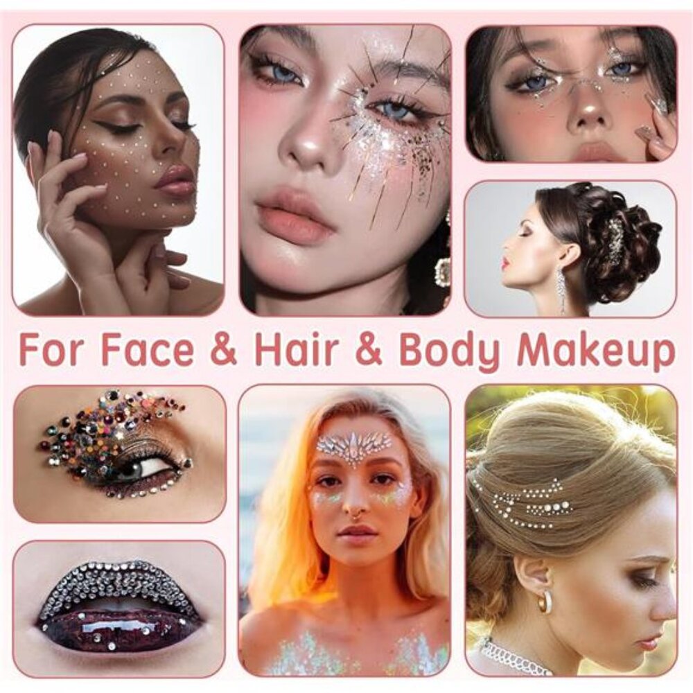 Face Gems Glitter with Glue Face Rhinestones for Makeup Jewels Eye Gems Tweezers - Picture 2 of 7
